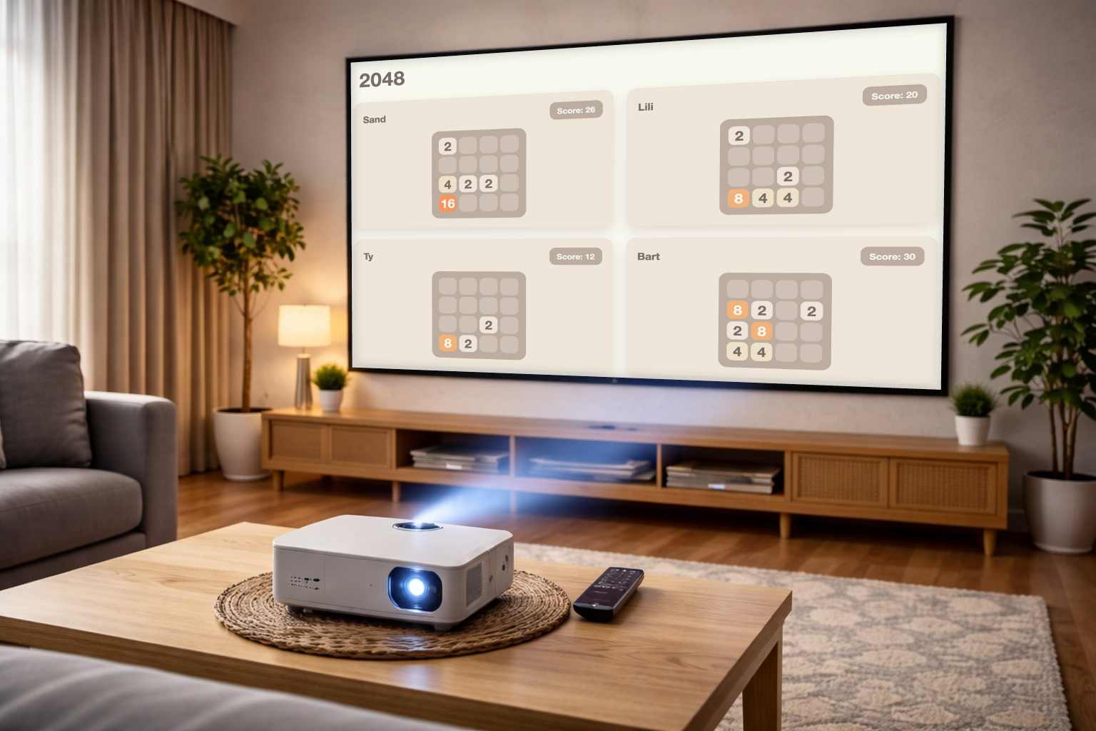 Friends playing projector party games with phones as controllers